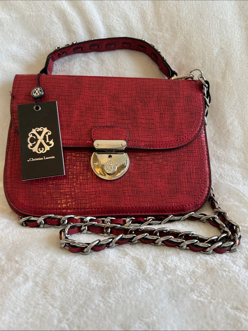 Christian Lacroix Lena Red Textured Crossbody with Silver Chain
